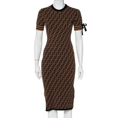 Pre-owned Fendi Brown Zucca Monogram Knit Short Sleeve Sheath Dress S