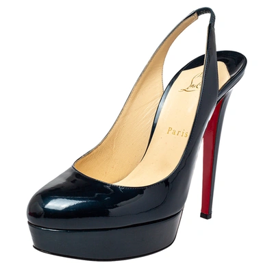Pre-owned Christian Louboutin Navy Blue Patent Leather Bianca 140 Platform Slingback Sandals Size 39.5