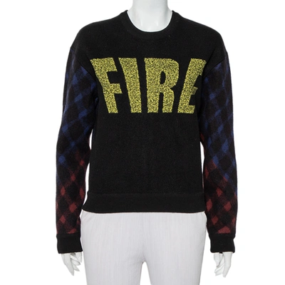 Pre-owned Kenzo Black Wool Fire Printed Zip Detail Sweater L
