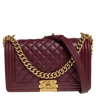 Pre-owned Chanel Maroon Quilted Leather Medium Boy Bag In Navy Blue
