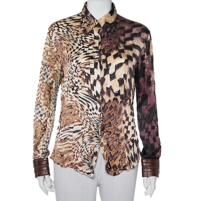 Pre-owned Roberto Cavalli Brown Animal Printed Silk Leather Trim Button Front Shirt Xl