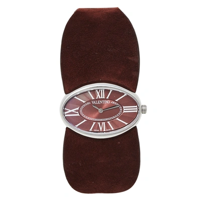 Pre-owned Valentino Garavani Burgundy Stainless Steel & Leather Signature Women's Wristwatch 36 Mm