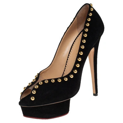 Pre-owned Charlotte Olympia Black Suede Daphne Studded Peep Toe Platform Pumps Size 39.5