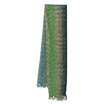 Pre-owned Missoni Sciarpe Blue Chevron Patterned Fringed Wool Stole In Green