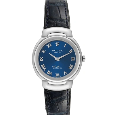 Pre-owned Rolex Blue 18k White Gold Cellini 6622 Women's Wristwatch 33 Mm