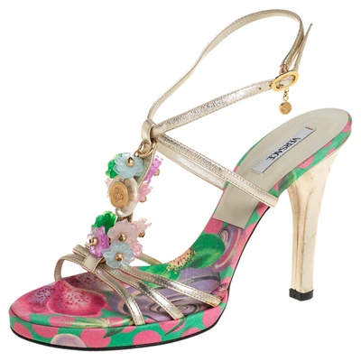 Pre-owned Versace Metallic Gold Leather Flower Detail T-strap Sandals Size 38.5