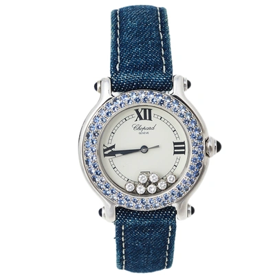 Pre-owned Chopard White 18k White Gold Sapphire & Diamond Happy Sport S27/6177-23 Women's Wristwatch 33 Mm