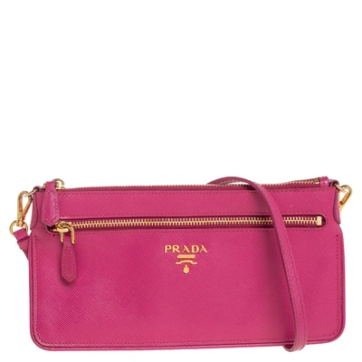 Pre-owned Prada Pink Saffiano Leather Wallet On Chain
