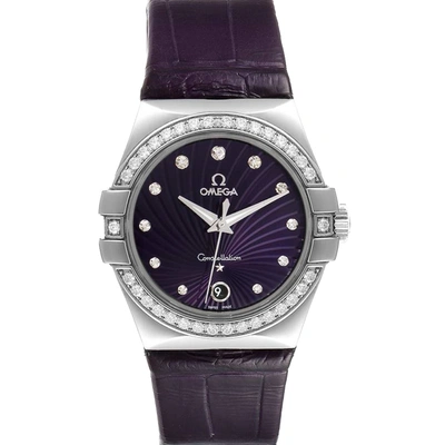 Pre-owned Omega Purple Diamonds Stainless Steel Constellation 123.18.35.60.60.001 Men's Wristwatch 35 Mm