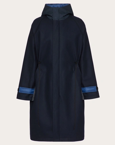 Valentino Uomo Long Pea Coat Featuring A Mix Of Fabrics And Vltn Tag In Navy Blue