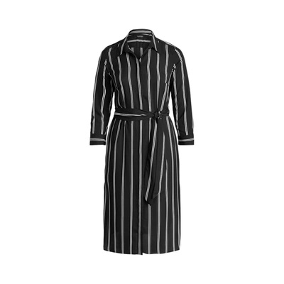 Lauren Woman Striped Belted Crepe Shirtdress In Polo Black/silk White