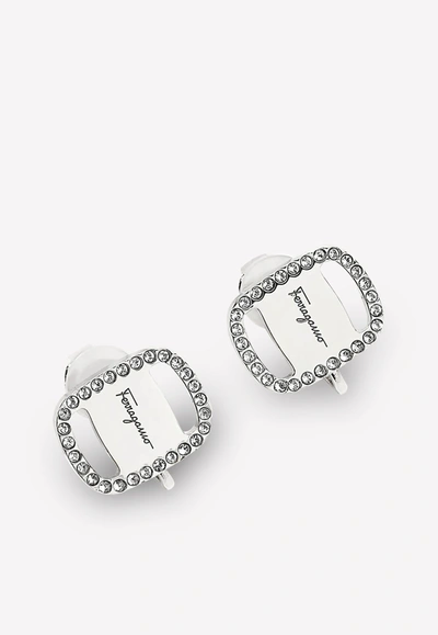Ferragamo Vara Plate Crystal Stud Earrings In Silver
