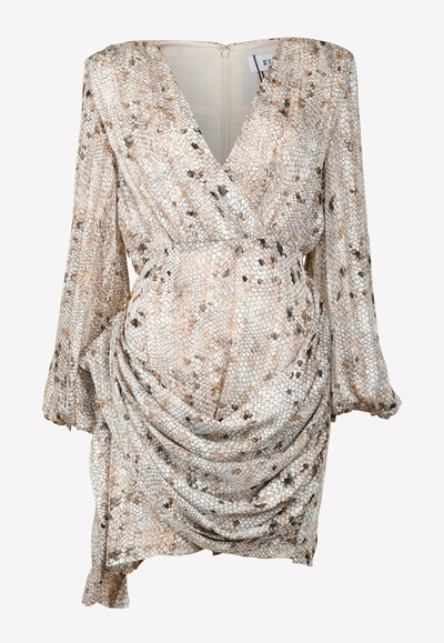 Elliatt Caravay Snake Print Draped Chiffon Mini Dress In Beige