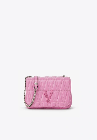 Versace Virtus Quilted Naplak Leather Shoulder Bag In Pink