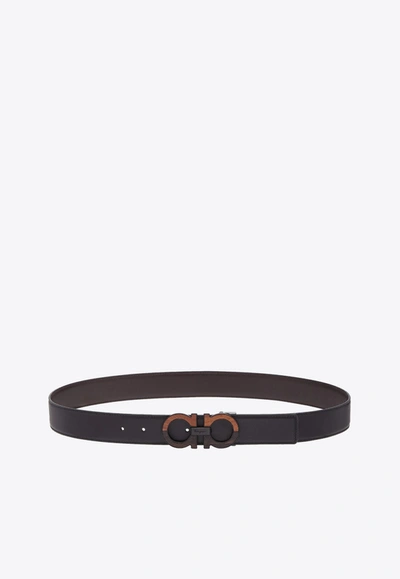 Ferragamo Reversible Gancini Belt In Calfskin In Black