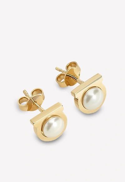 Ferragamo Gancini Pearl Stud Earrings In Gold
