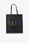 VALENTINO GARAVANI VLTN Leather Tote Bag with Multicolored Logo Print