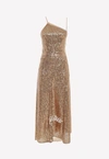OFF-WHITE ASYMMETRIC SEQUINED DRESS WITH LOGO PRINT