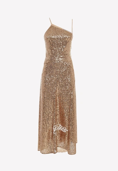Off-white Asymmetric Sequined Dress With Logo Print In Gold