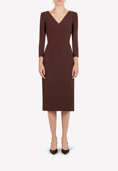 Dolce & Gabbana Cady Midi Dress With Side Slit In Brown