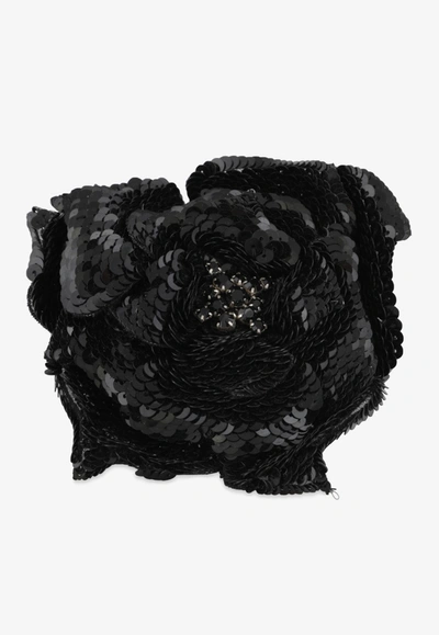 Balmain Sequined Flower Brooch In Black