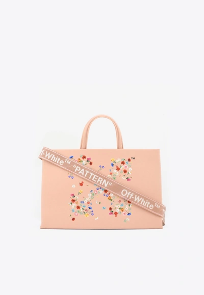 Off-white Medium Arrow Floral Print Tote Bag In Leather In Pink
