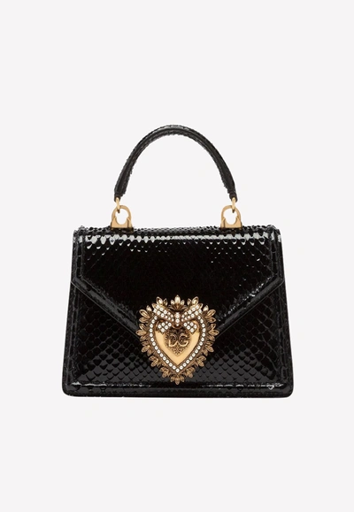 Dolce & Gabbana Small Devotion Molurus Python Skin Top Handle Bag In Black