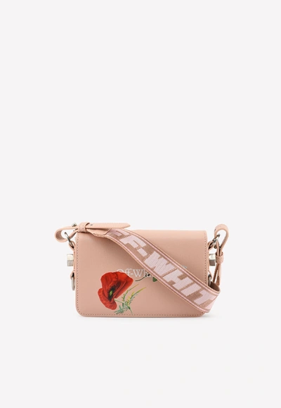 Off-white Mini Floral Print Flap Crossbody Bag In Leather In Pink