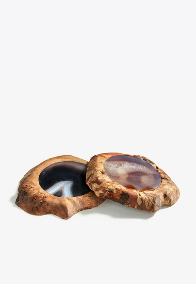 Anna Afora Smoke Agate Wooden Coasters - Set Of 2 In Brown