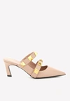 Valentino Neutral 65 Roman Stud Leather Mules In Nude