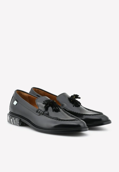 Off-white Tasseled Leather Loafers With Marble Heel In Black