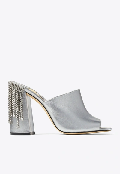Jimmy Choo Baia 100 Crystal Fringe Block Mules In In Silver