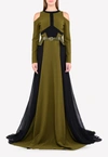 Bibhu Mohapatra Cold-shoulder Overflow Gown With Peplum Belt In Green