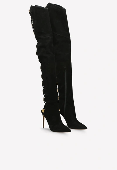 Alexandre Vauthier Lace-up Suede Leather Knee-high Boots -115mm In Black