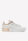 Dolce & Gabbana Portofino White And Gold Low Top Sneakers With Logo In Leather Woman In White