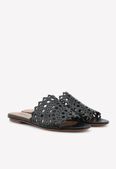 Alaïa 'vienne' Cut-out Flat Slides In Calfskin In Black