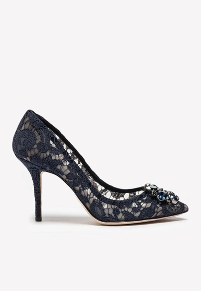 Dolce & Gabbana Bellucci 90 Leather Pumps In Taorima Lace And Crystal Brooch In Blue