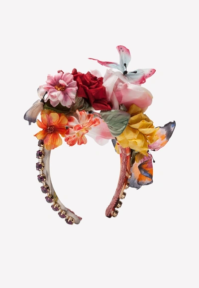 Dolce & Gabbana Floral And Butterfly Applique Headband In Multicolor