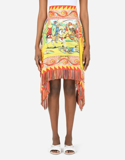 Dolce & Gabbana Short Carretto-print Twill Skirt With Fringing In Multicolor