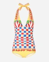 DOLCE & GABBANA CARRETTO-PRINT ONE-PIECE SWIMSUIT WITH PLUNGING NECKLINE