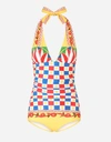 Dolce & Gabbana Carretto-print One-piece Swimsuit With Plunging Neckline In Multicolor