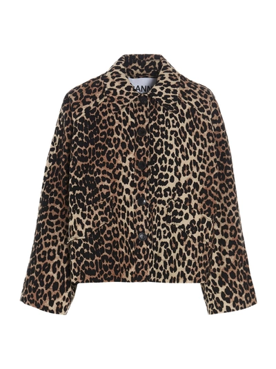 Ganni Leopard-print Linen-blend Hopsack Jacket