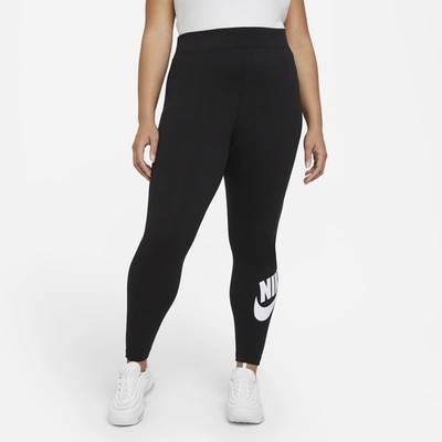 Nike High Rise Essential Leggings In Black With Calf Logo Print In Black/white