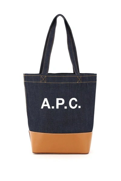 Apc 小号logo印花牛仔布&皮革托特包 In Blue,brown