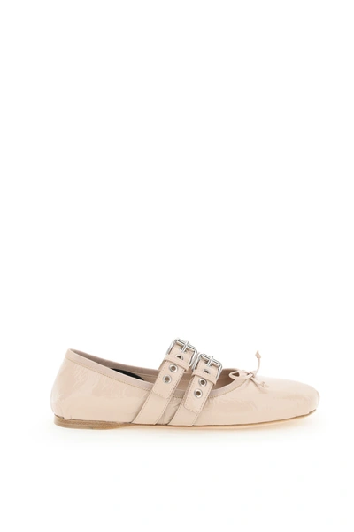 Miu Miu Embossed Patent Ballerinas In Beige,pink