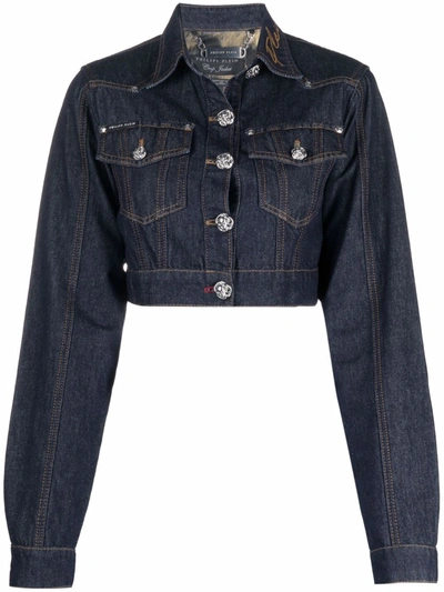 Philipp Plein Chains Cropped Denim Jacket In Blau