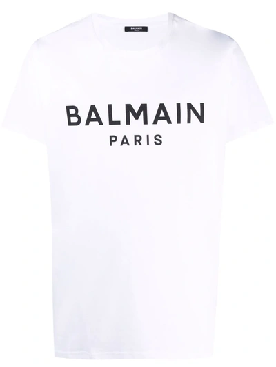 Balmain White Crewneck T-shirt With Contrasting Logo Lettering Print In Cotton