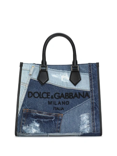 Dolce & Gabbana Denim-patchwork Shopper Bag In Blue