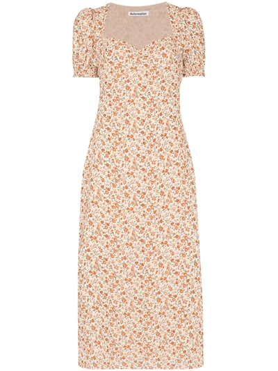 Reformation Luciana Sweetheart Neck Floral Dress In Nude
