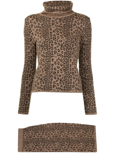 Pre-owned Fendi 1990s Leopard-print Skirt Suit In Brown